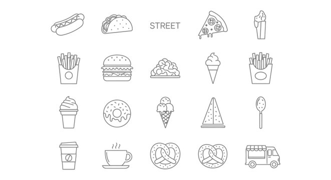 Street Food Icons: Hot Dog, Taco, Pizza, Burger, Fries, Ice Cream & More