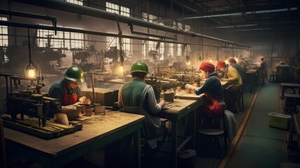 Fototapeta premium Experience the timeless dedication of the industrial era through the focused craftsmanship of a bustling assembly line.