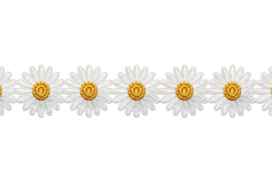 White daisy flower lace trim border top view isolated. Textile embroidery element.