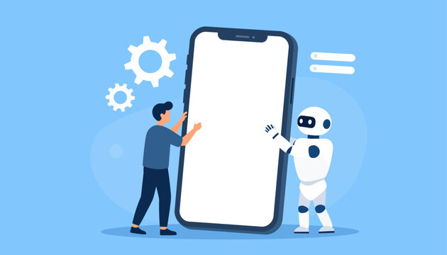 Mobile application development with artificial intelligence and machine learning integration, featuring a smartphone and robot