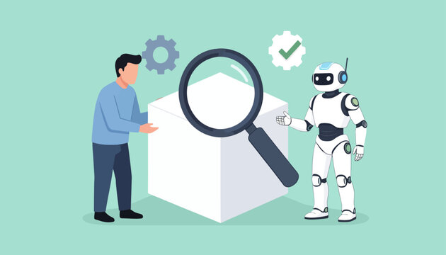 AI robot and human examining a cube with a magnifying glass, representing analysis and quality control