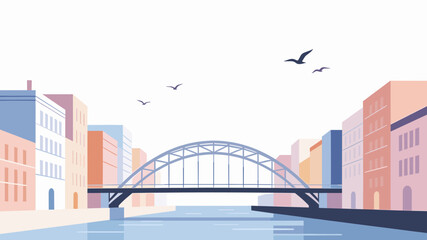 Fototapeta premium A clean, minimalist vector illustration of colorful city buildings by a river, ideal for corporate branding and web design.