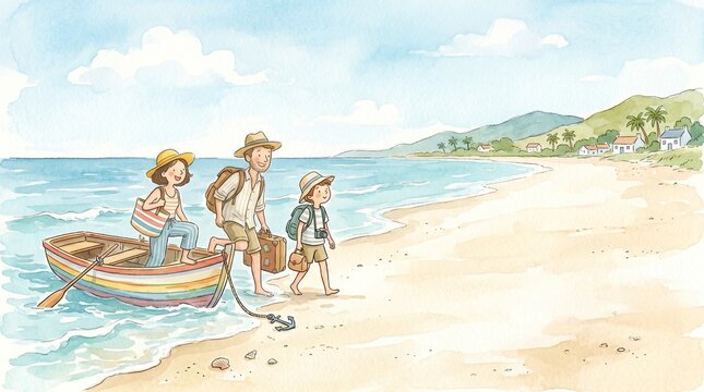 Father, mother, and son step onto a sandy beach from their small rowboat, beginning a new trip