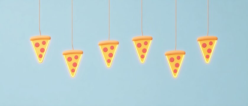 lightbulb made of pizza slices hanging on strings isolated against plain light blue background in 3d representing playful food creativity and imaginative fast food concept
