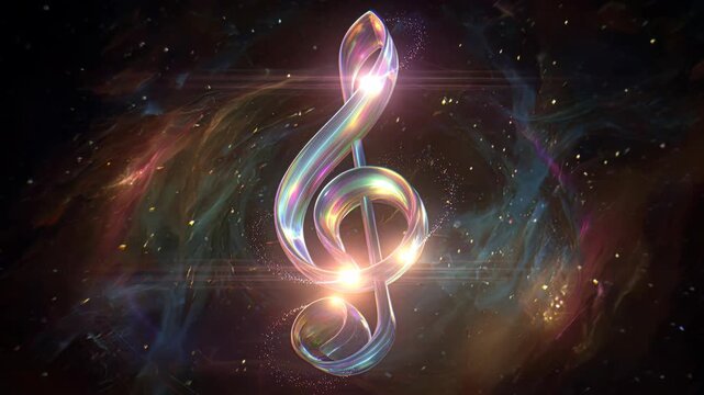 Vibrant Ethereal Treble Clef Shimmering in Space Surrounded by Colorful Stars and Cosmic Dust