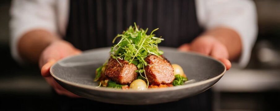 chef holding plate of grilled beef steak with microgreens and roasted vegetables in restaurant representing gourmet dining culinary presentation and premium food experience concept