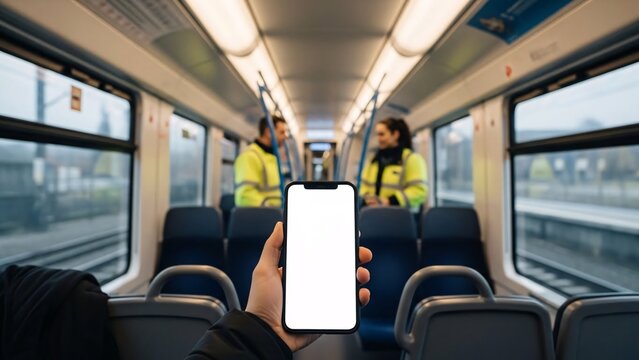 Modern commuter traveling on train with smartphone in hand during daily commute public transportation travel urban lifestyle technology connectivity