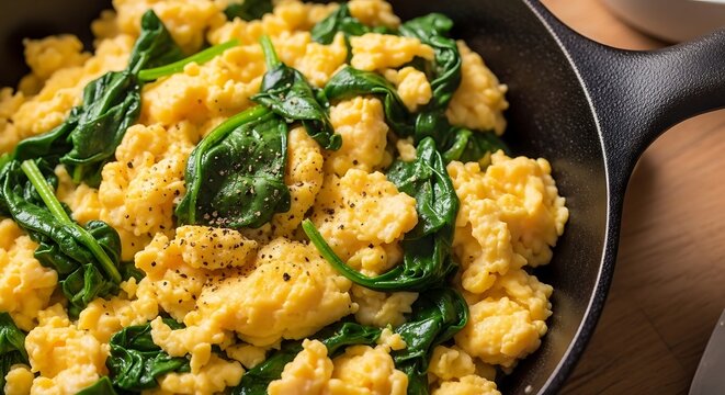 Close up of scrambled eggs with spinach in a cast iron skillet
