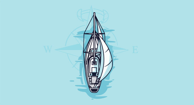 Top-down view of a sailboat on calm blue water with a compass