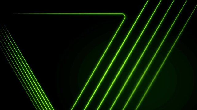 Green neon triangle frame with moving light lines in a futuristic geometric pattern loop.