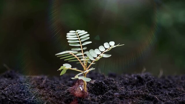 Green seedling in soil on background of sunset. Sprouted seed in fertile soil. The concept of human care for the planet and nature. Growth of a plant.