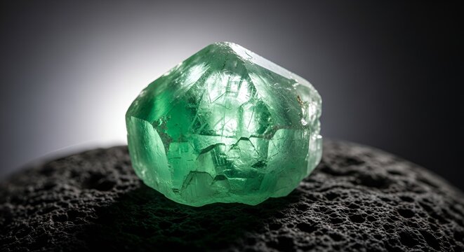 Raw Emerald Gemstone on Dark Textured Surface, Natural Crystal Formation