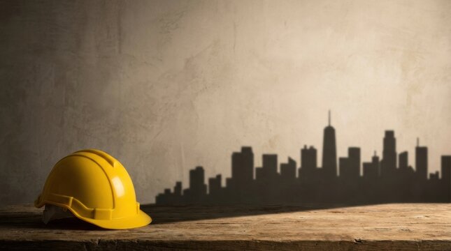 Yellow hard hat casting a shadow of a city skyline on a textured wall