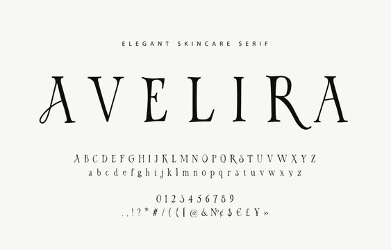 Modern high-contrast serif typeface vector with stylish letterforms, numbers, and symbols arranged in a clean typography layout. Perfect for boutique branding, elegant packaging, beauty campaigns