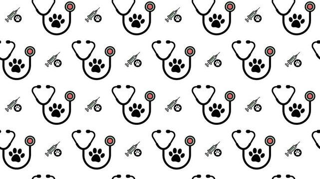 Veterinary Medicine Syringe and Pet Paw Seamless Pattern, Animal Healthcare Concept.