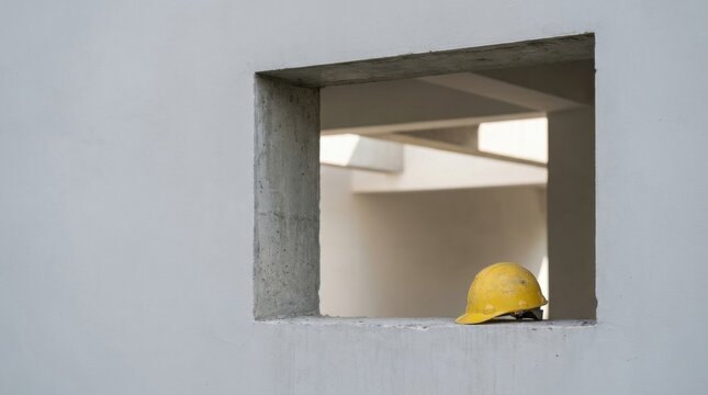 Yellow hard hat resting on concrete ledge at construction site