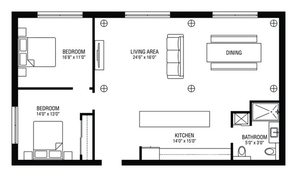 Two bedroom apartment floor plan with living area, dining, kitchen, and bathroom, measured dimensions shown.
