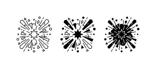 Explosion Burst Icons, Starburst Graphics, and Firework Symbols. Set of 3 radial starburst graphic elements in outline and solid black styles for celebration and impact. © Nilufa