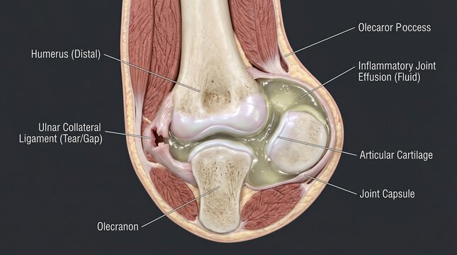 Anatomical cross section showing a damaged elbow joint with inflammatory effusion and ligament tear