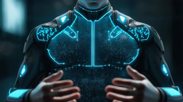 Futuristic armored suit with glowing cyan circuitry, textured torso plating and dramatic cyan
