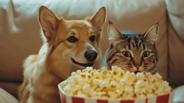 Cute corgi dog and a tabby cat friends sitting on a sofa watching a movie and eating popcorn