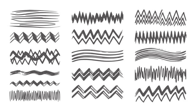 Collection of hand drawn dark grey brush stroke lines and zigzags texture