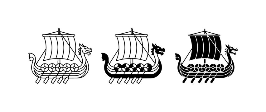Viking Ship Icons, Norse Longboat Vector Graphics, Scandinavian Dragon Head Vessels, Medieval Maritime Transport Symbols