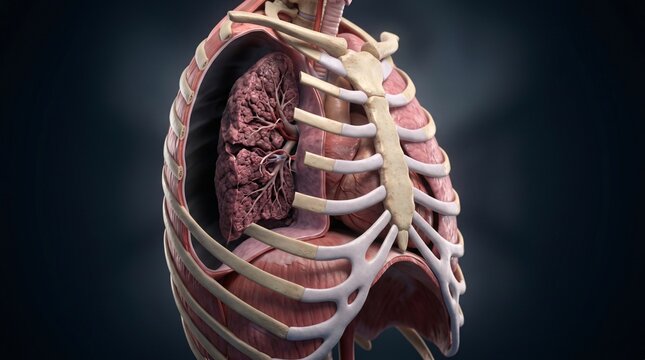 Detailed 3D render of human thoracic cavity showing lungs heart and rib cage