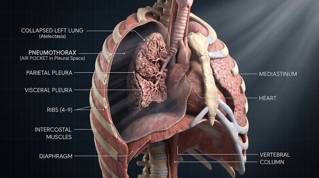 Detailed 3D anatomical illustration of the human thoracic cavity showing a collapsed left lung with labels