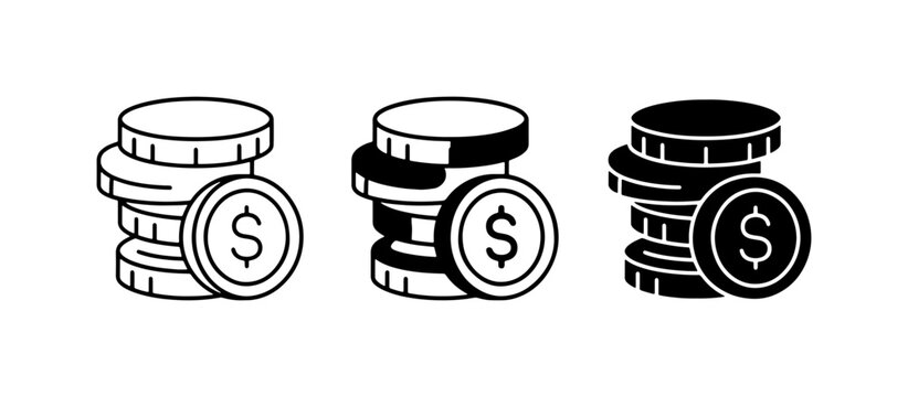 Money Stacks, Coin Icons, Financial Wealth Symbols. Set of three distinct coin pile illustrations in outline, filled outline, and solid black styles, each featuring a dollar sign.