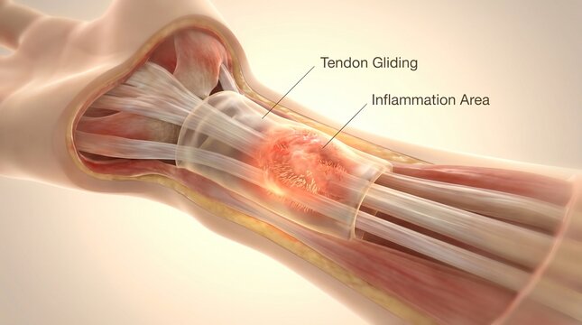 Close up anatomical illustration shows tendon gliding and inflammation area within the body