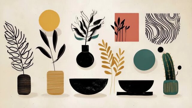 Looping animation featuring minimalist botanicals, plants, and vases with abstract geometric forms