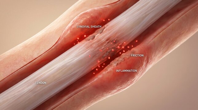 Close up medical illustration showing tendon friction and inflammation within the synovial sheath