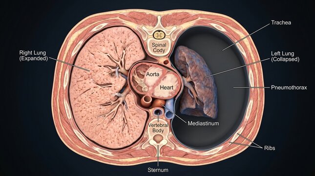 Anatomical cross section showing expanded right lung collapsed left lung heart aorta and mediastinum