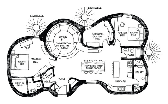 Unique organic shaped earth home floor plan with lightwells and conversation pit.
