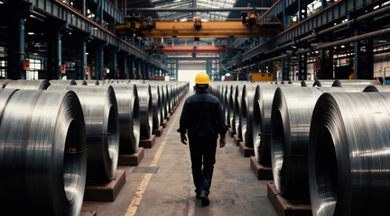 Fototapeta premium Man wearing yellow hard hat walks through factory aisle. Large metal coils stacked on both sides. Industrial setting with heavy machinery visible above. Worker inspects materials in large production