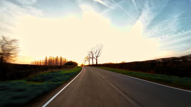 Traveling along curved countryside road at sunset with motion blur, rural driving journey first person view. Smooth asphalt lane passing fields and trees under warm golden sky, evening road trip