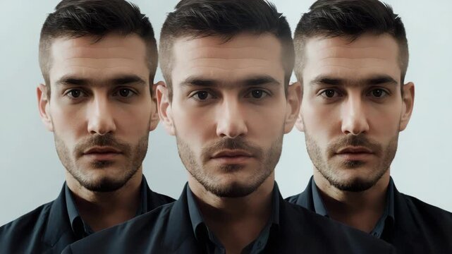 Young man portrait triptych with serious expression, double and triple exposure moody studio