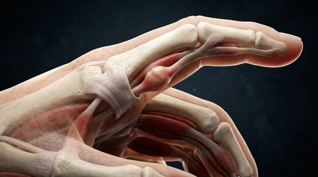 Detailed 3D rendering of human finger anatomy showing bones muscles tendons and a ganglion cyst