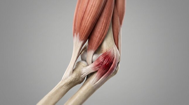 Detailed anterior view of the human elbow joint showcasing musculature bone structure and ligaments