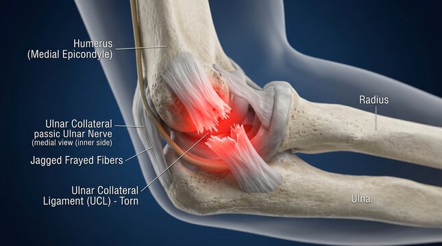 Medial view of a torn ulnar collateral ligament in the elbow with frayed fibers and inflammation