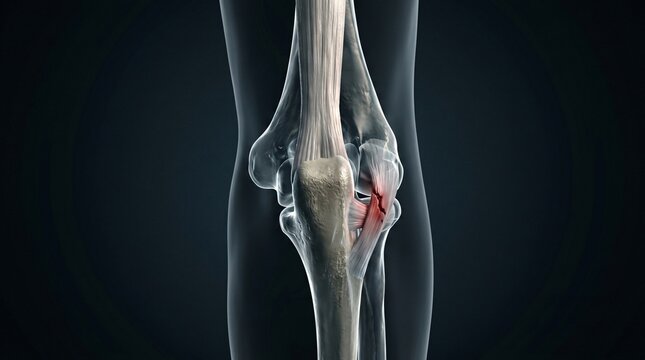 Anatomical rendering of a human elbow joint showing a torn ligament with inflammation
