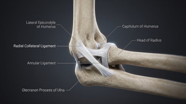 Detailed 3D medical illustration of the human elbow joint anatomy with labels
