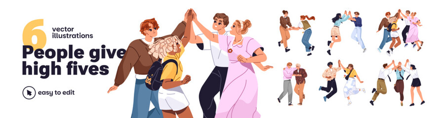 Fototapeta na wymiar People give high fives set. Teams celebrate teamwork success. Friends are greeting with fists bump, clap hands. Happy group of men, women support together. Flat isolated vector illustrations on white