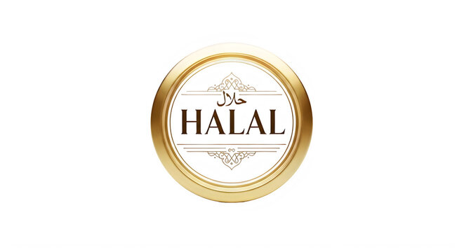 Golden halal food certification logo with arabic script and decorative elements isolated on transparent background