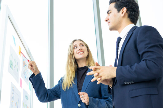 Man and woman businesspeople planning business strategy while looking at infographic on wall. Business, education and office concept.