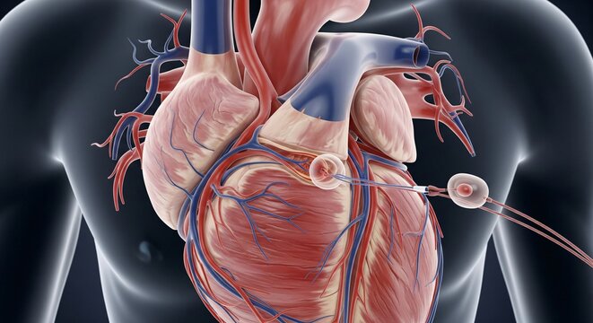 Close up view of a beating human heart with intricate blood vessels and a medical device