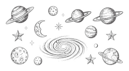Hand drawn collection of planets moons stars and galaxy space © Md