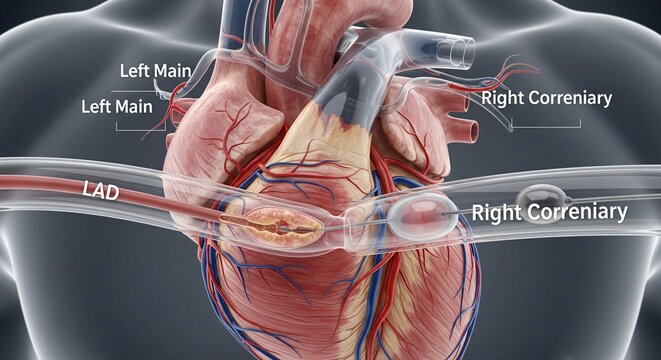 Anatomical illustration of a human heart with labeled coronary arteries and angioplasty procedure