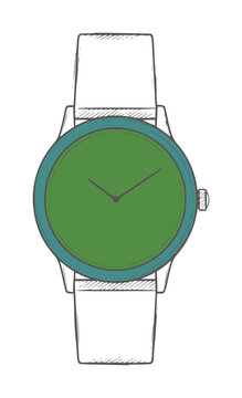 Hand drawn green dial wristwatch with teal bezel and white straps time clock accessory